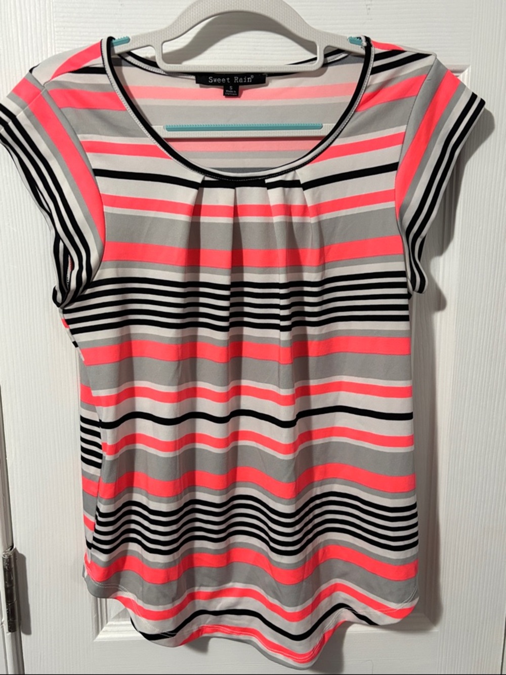 Sweet Rain Short Sleeve Striped Tee in Gray, Neon Coral & Black